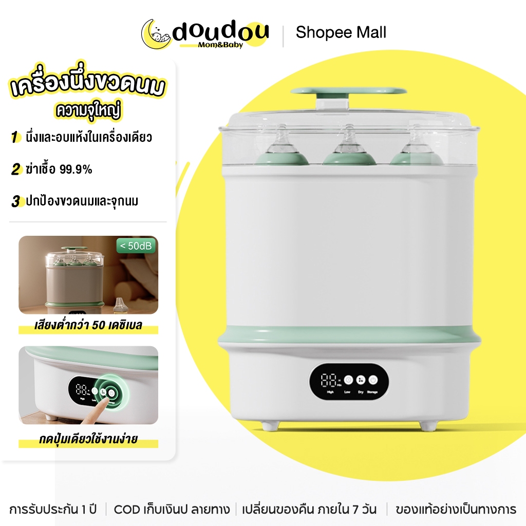 doudou เครื่องนึ่งและอบแห้งขวดนมสำหรับเด็ก ความจุใหญ่ 6 ขวด ระบบนึ่งฆ่าเชื้ออัจฉริยะ 4 in 1 เงียบกว่