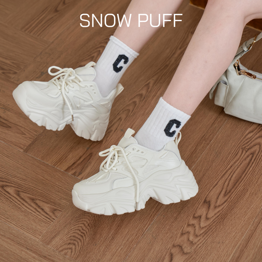 CCS - รองเท้าผ้าใบ Snow Puff สูง 3 นิ้ว รองเท้าผ้าใบรุ่นโกงความสูง สีครีมเชือกใหญ่ รองเท้าผ้าใบแฟชั่