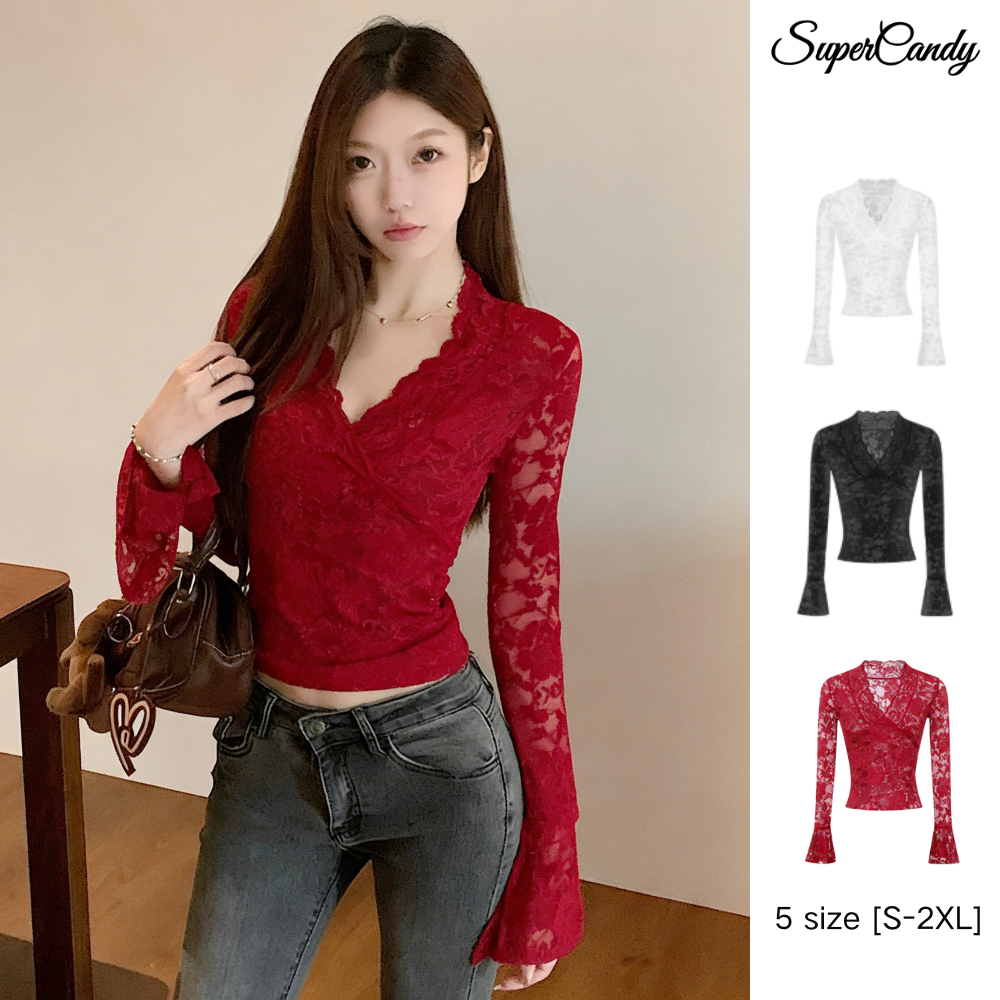 SuperCandy🌷เสื้อสตรีสีแดงตัวใหม่ คอวีเซ็กซี่ ทรงเข้ารูป แขนยาว ลูกไม้ เหมาะเทศกาลฤดูใบไม้ผลิ