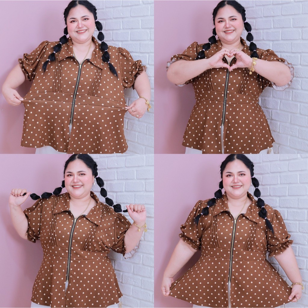 [ ส่งฟรี 🔥 ] เสื้อลายจุดซิปทองแขนตุ๊กตา ผ้าวูลเวฟ A351 เสื้อลายจุดไซส์ใหญ่สาวอวบ พลัสไซส์ คนอ้วน - รูปที่ 5