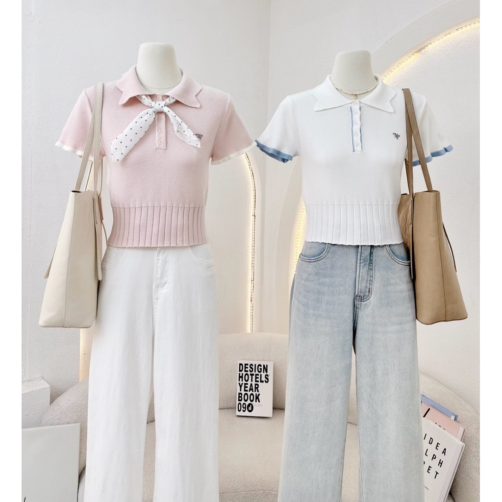 WA YA เสื้อไหมพรมคอปก แต่งปลายแขนระบาย 🎀