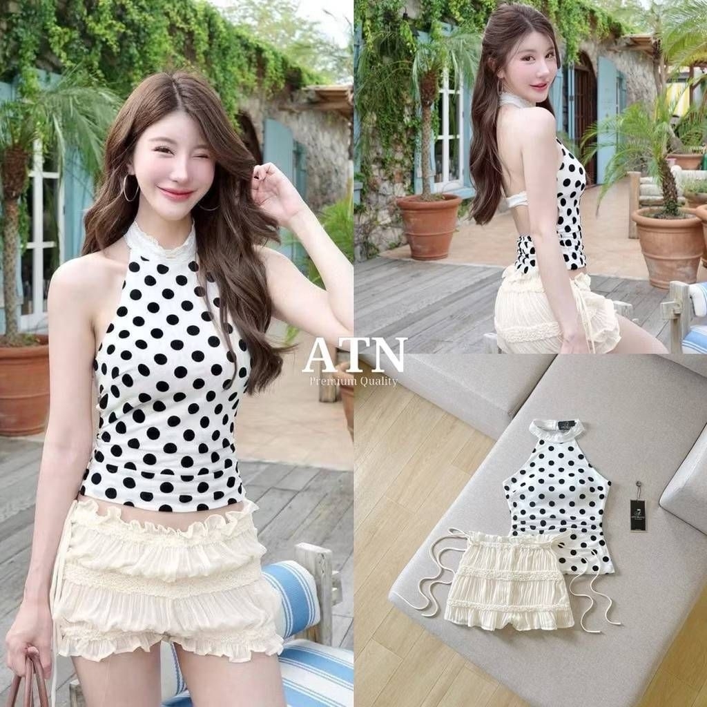 M L มือ1 ATN ชุดเซ็ตเสื้อลายจุดสายคล้องคอ โชว์หลัง มาพร้อมกางเกงย่นขาสั้นเอวต่ำ ใส่สวยสุดๆ ป้าย ATN