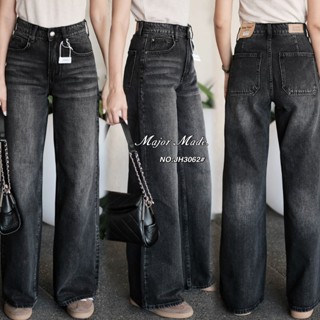 JH3062# กางเกงยีนส์ทรงกระบอก สีดำฟอก