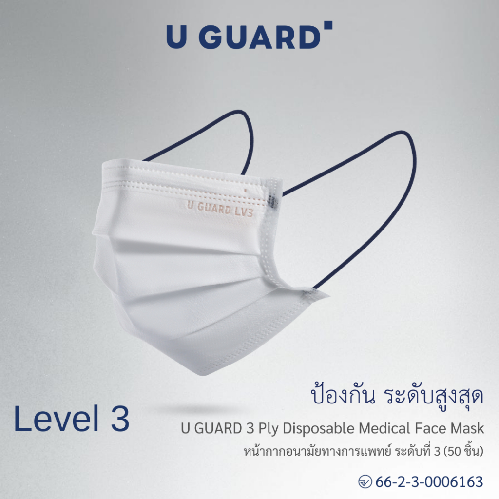 U GUARD Medical Face Mask หน้ากากอนามัยทางการแพทย์ Level 3 สีขาว สายคล้องแบน ไม่รัดหู 50 ชิ้น/กล่อง