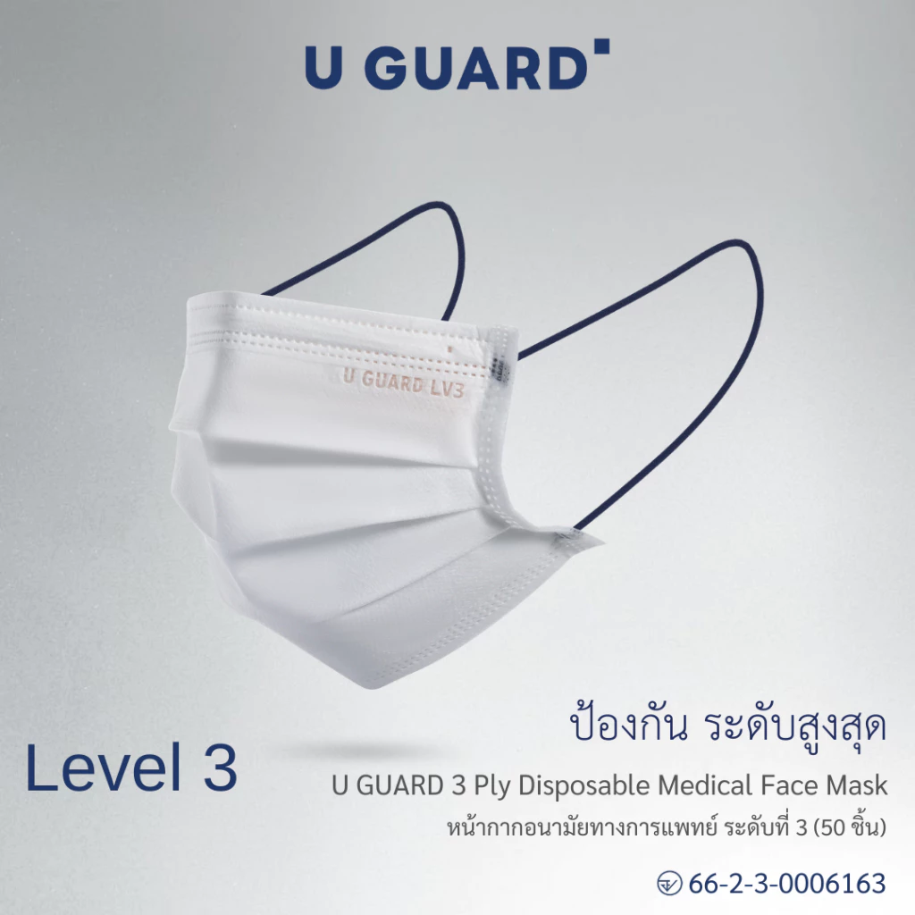U GUARD Medical Face Mask หน้ากากอนามัยทางการแพทย์ Level 3 สีขาว สายคล้องแบน ไม่รัดหู 50 ชิ้น/กล่อง
