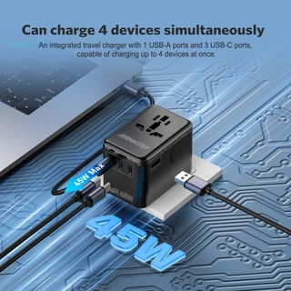 MEEGOO หัวแปลงปลั๊กไฟ Universal Travel Adapter แกลเลียมไนไตรด์ พอร์ตUSB 1 ช่อง และพอร์ต Type-C 3 ช่อง AC2500W DC45W 1A3C