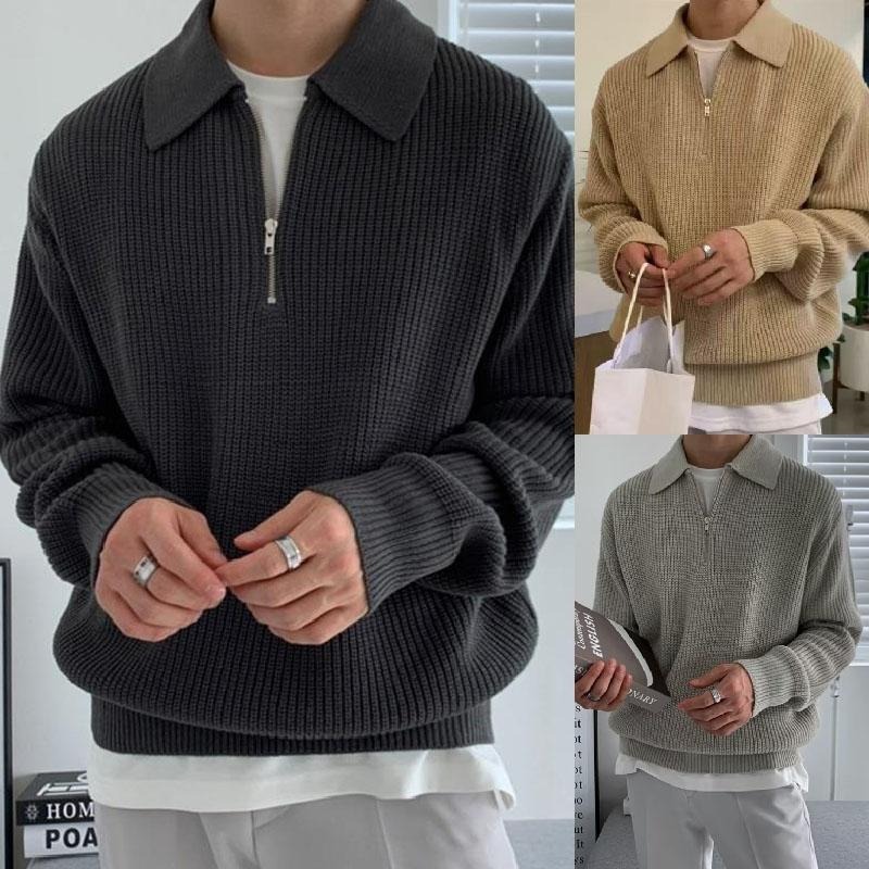 【3 สี】เสื้อสเวตเตอร์ถักแบบมีปกและซิปครึ่งตัวสไตล์เกาหลี สำหรับผู้ชายและผู้หญิง ดีไซน์ทันสมัยและอบอุ่น【COD】