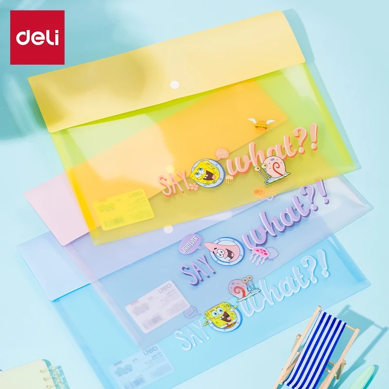 (Deli X Spongebob) แฟ้มกระดุมเก็บเอกสาร Deli รุ่น EF765 ขนาด A4 หนา 0.16mm (3 สี/จำหน่าย 1 ชิ้น)