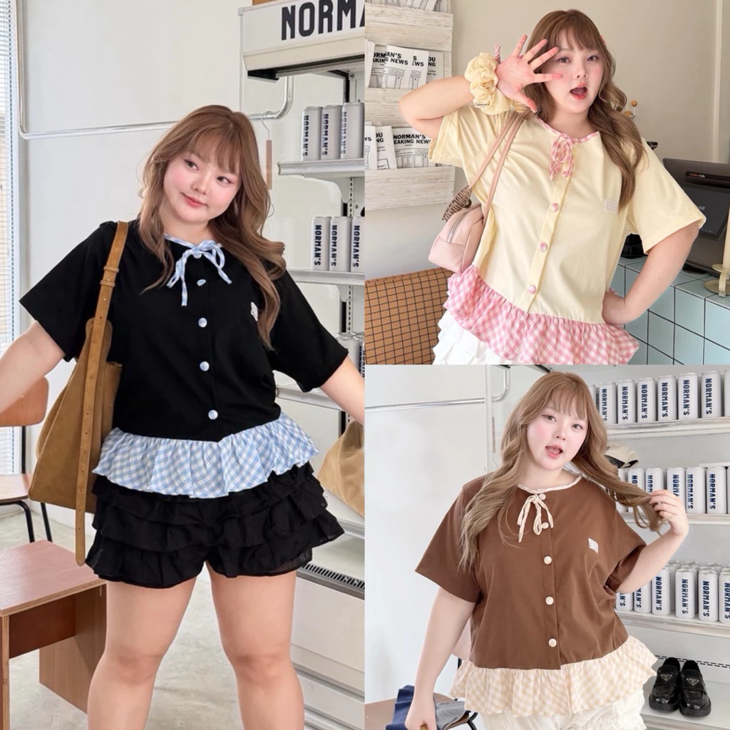 เสื้อคอกลมแต่งสก็อต เสื้อสาวอวบ อก38-52นิ้ว Plussize