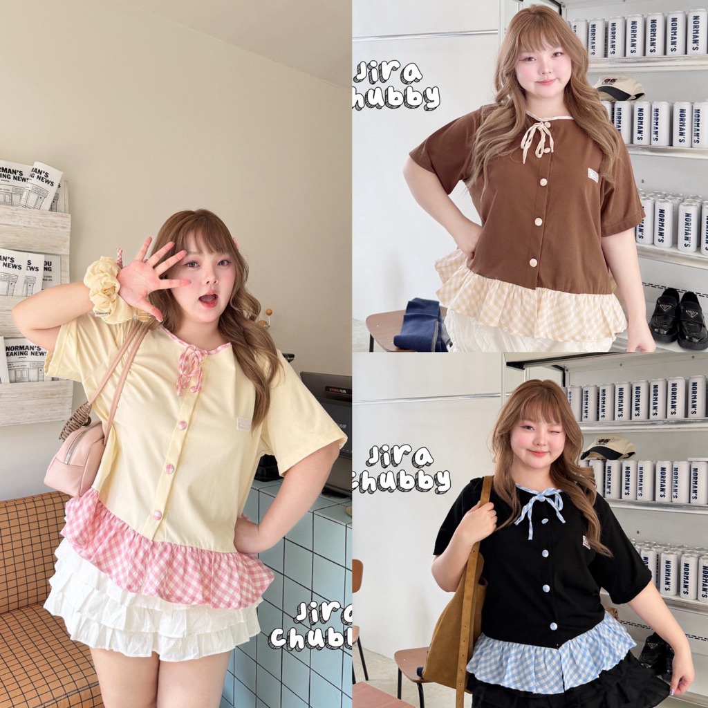 j เสื้อคอกลมแต่งสก็อต งานผ้ายูนิโคล่ยืดเยอะนิ่มใส่สบาย แต่งสก็อต