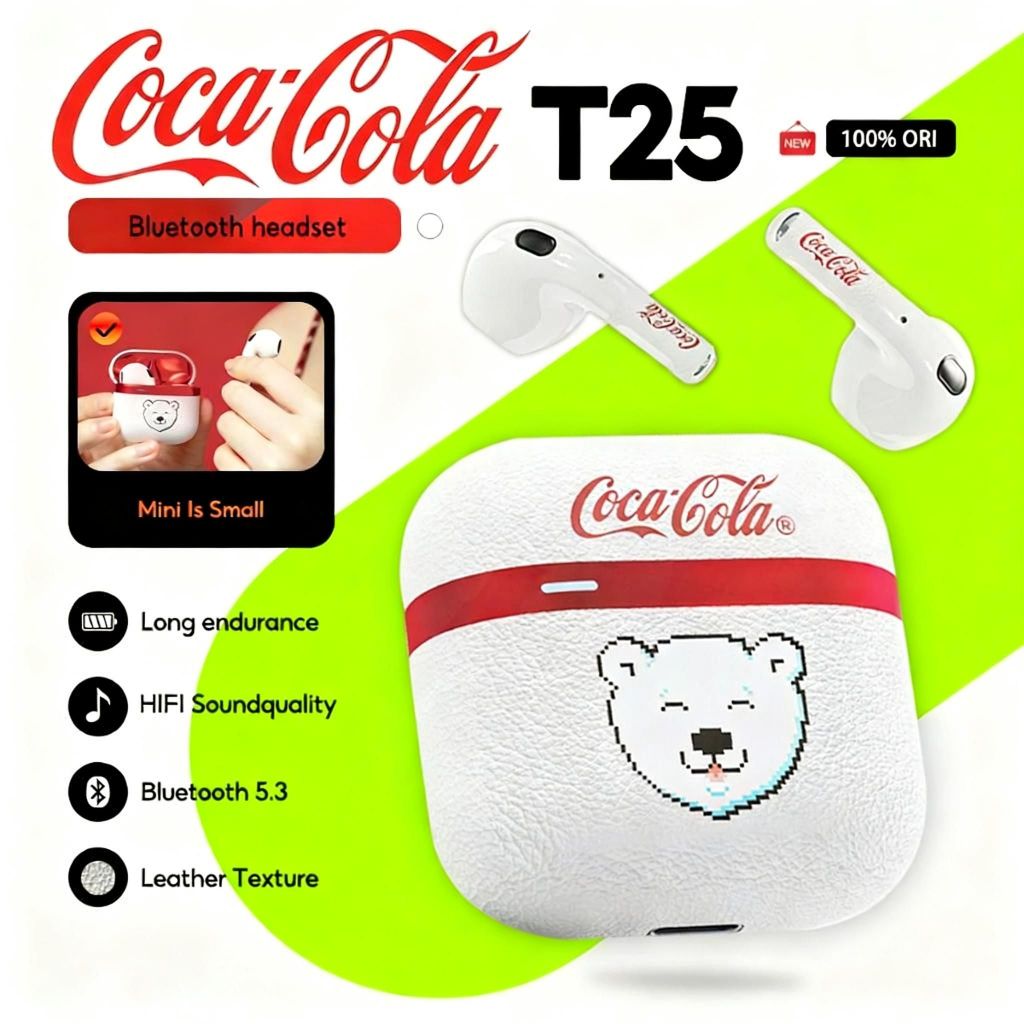 หูฟังบลูทูธ Coca-Cola T25 หูฟังไร้สายแบบกึ่งอินเอียร์พร้อมพื้นผิวหนังสำหรับเล่นกีฬา ฟังเพลง และเล่นเ