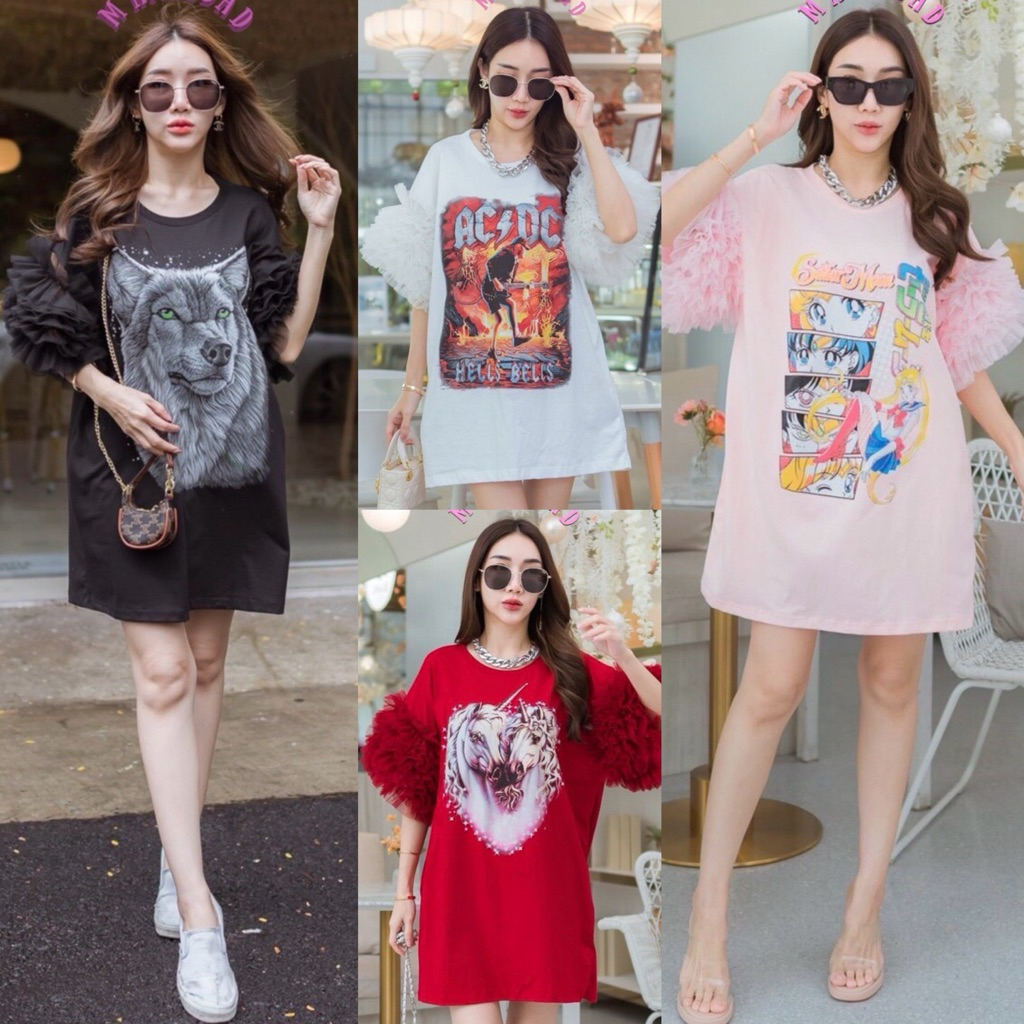 เดรสแขนฟรุ้งฟริ้งสาวอวบ อก 34-44” ใส่ได้