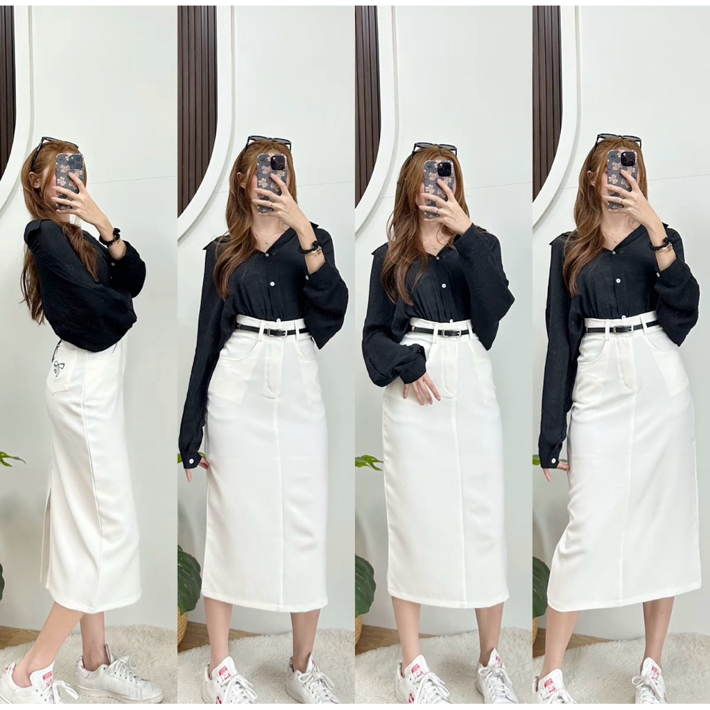 (มีสีขาว/ดำไซส์L )(สีโกโก้XL) กระโปรงยาว ผ่าหลัง ผ้าบาร์บี้เปเป้ ไซส์L