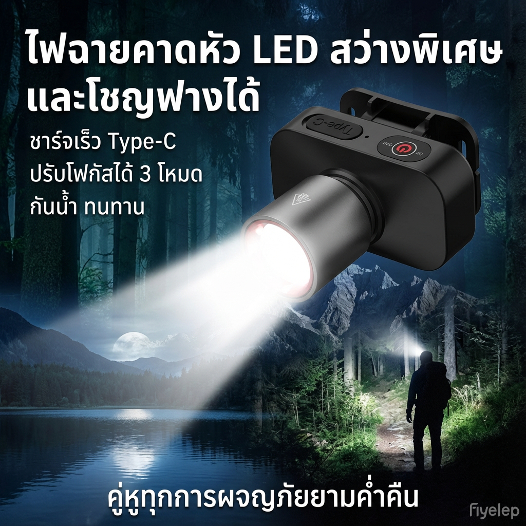GIYV โคมไฟหัว LED สว่างมาก ชาร์จ USB ปรับโฟกัสได้ โหมดแสง 3 รูปแบบ สำหรับการคэмป์ ตกปลา สำรวจ กรณีฉุกเฉิน