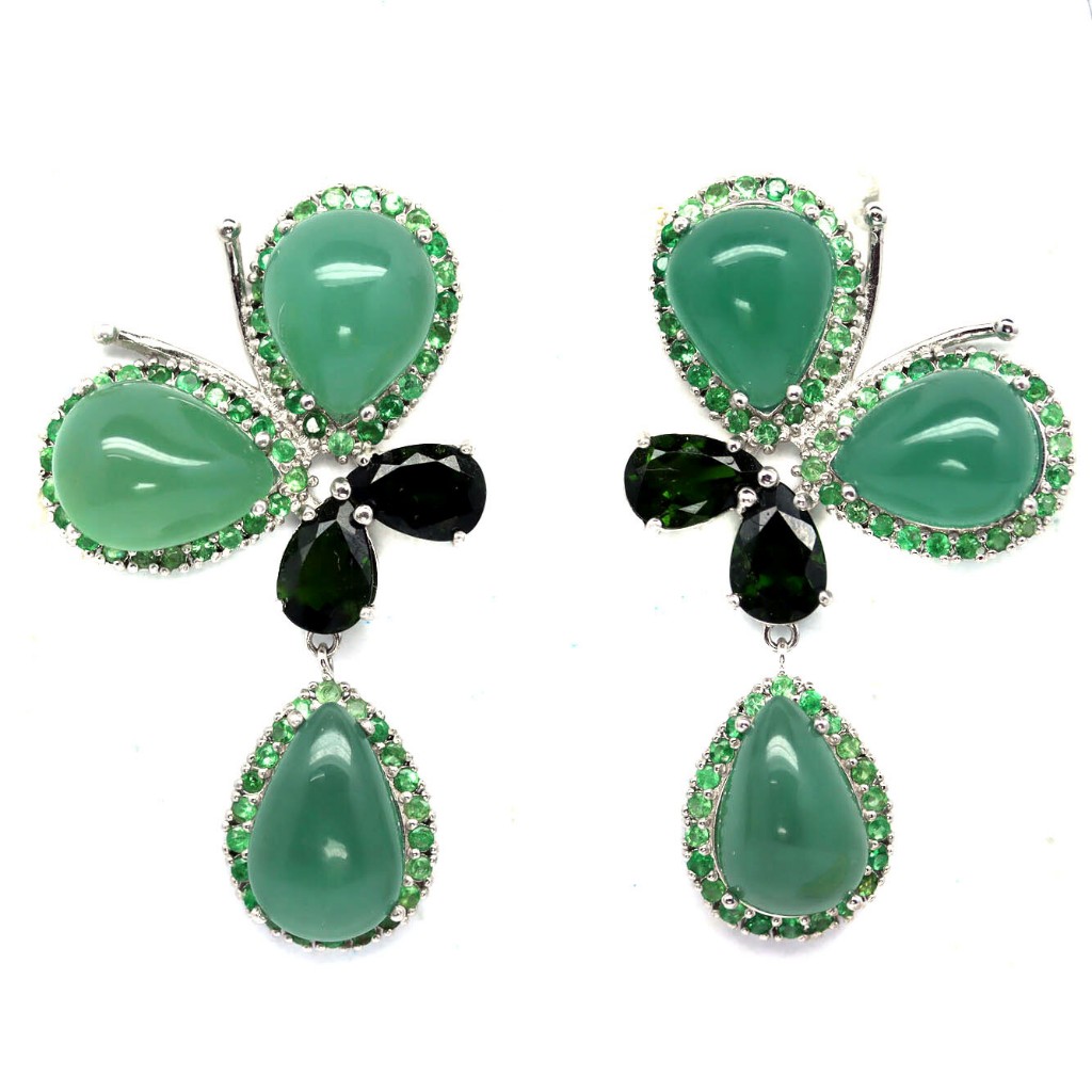 ต่างหูเงินแท้ 925 Aventurine สีเขียว Cabochon ฝัง Chrome Diopside Tsavorite Garnet ชุบ White Gold งา