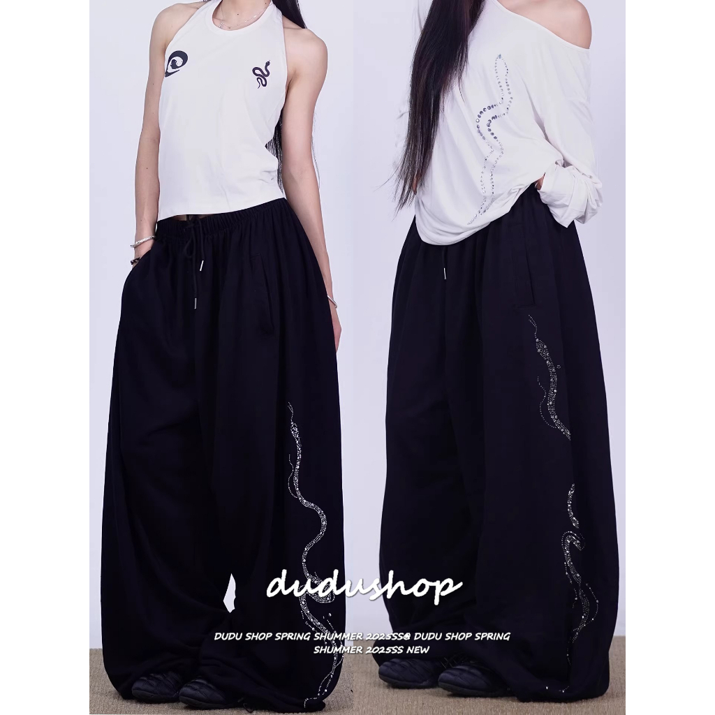 [Fake diamond casual wide-leg pants]เวอร์ชั่นเกาหลีเทรนด์วินเทจลำลองหญิงภาควิชาแจ๊สเต้นรำกางเกงขากว้าง