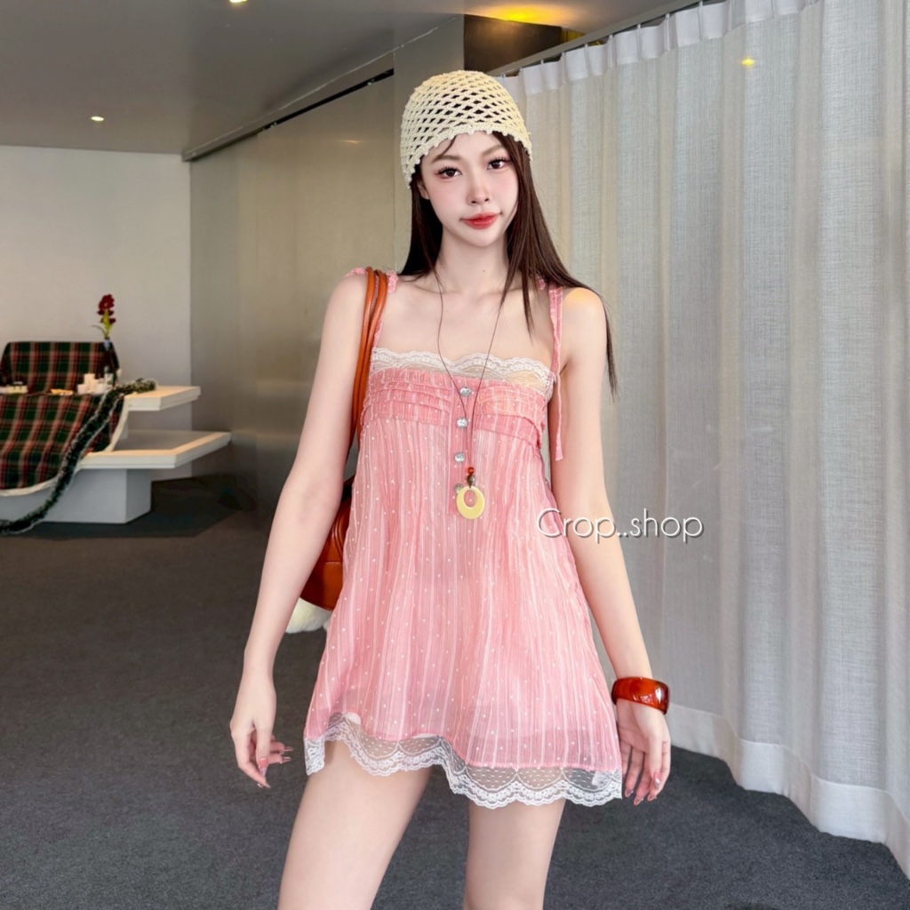 crop..shop มินิเดรสลายจุด งานสายเดี่ยว คุณหนู งานน่ารัก ละมุนสุด เเต่งชายระบายงาสวย งดงามปังเวอร์ รูปที่ 5