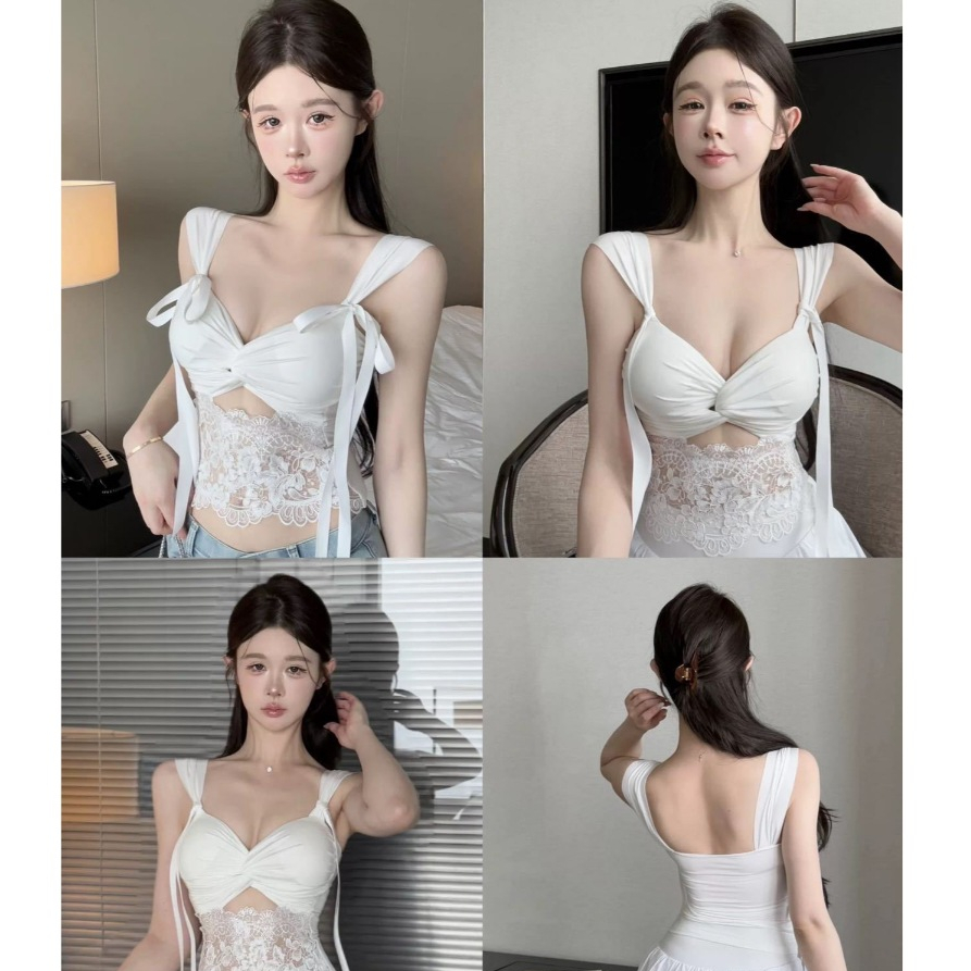 OFF SHOP 🥻ใหม่ 2025 เสื้อสายเดี่ยว ขาวดำ มีฟองน้ำในตัว ยืดพอดีสไตล์มินิมอล ริบบิ้นหน้าอก' FY5533