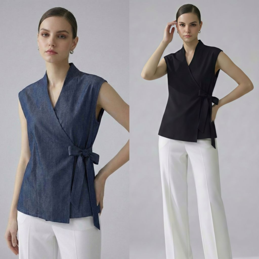 Ramsita Giselle Wrap Top เสื้อป้ายคอปีนแขนล้ำ ผูกโบว์เอว เสื้อผู้หญิง เสื้อยีนส์ เสื้อใส่ทำงาน