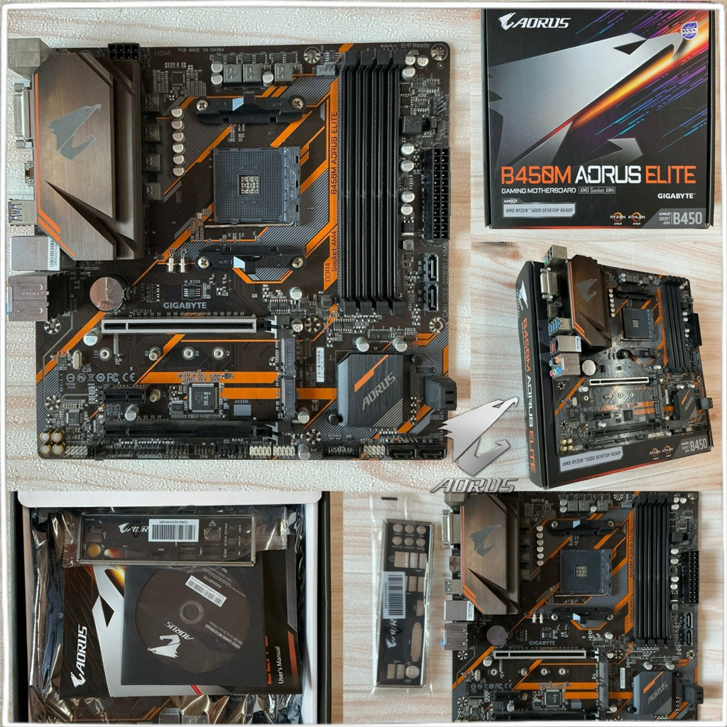 Mainboard 🟠 B450M AORUS ELITE ครบกล่อง มือสอง สีจางเล็กน้อย ใช้งานปกติ เมนบอร์ด Socket AM4