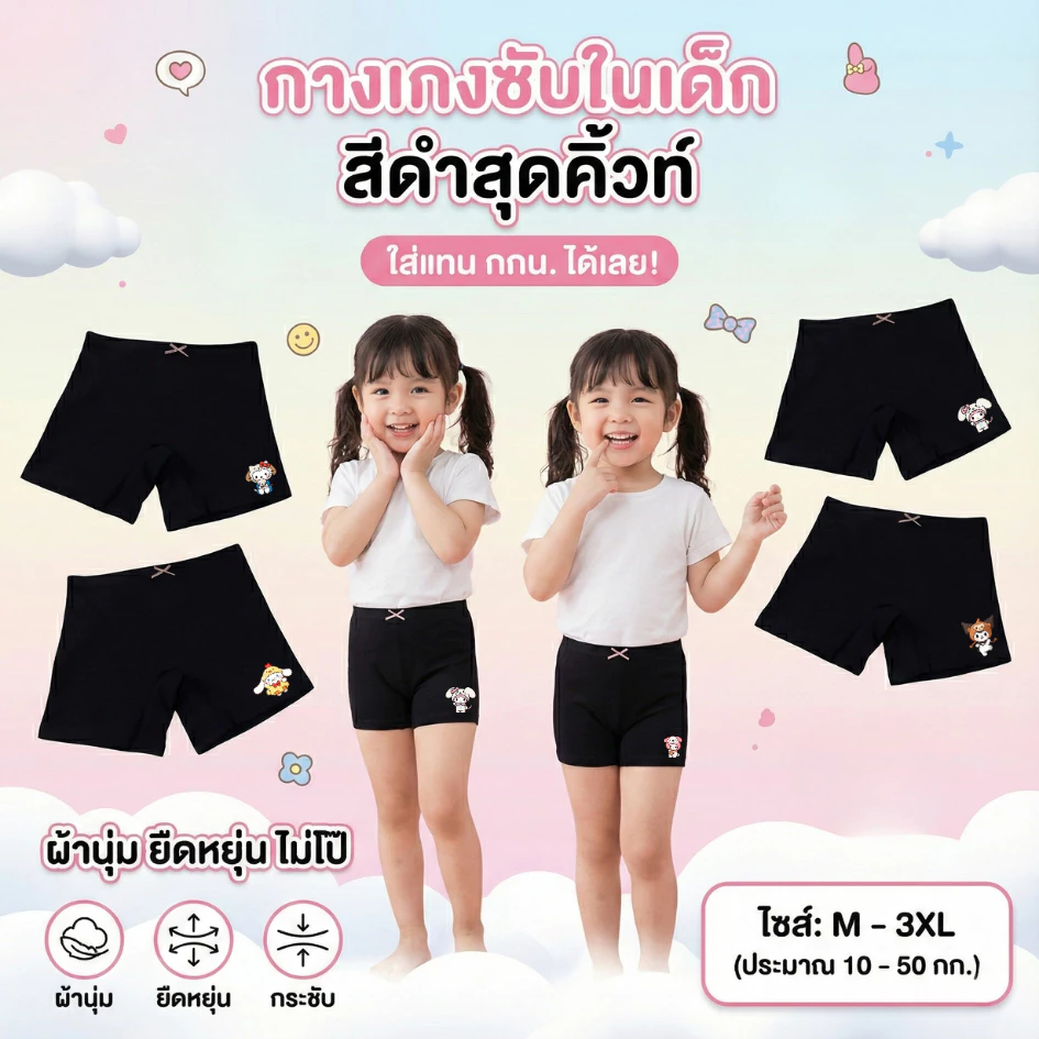 กางเกงซับใน กางเกงในเด็ก ใส่แทนกกน.ได้เลย สีดำ มายเมโลดี้ ผ้านุ่ม ยืดหยุ่น กระชับขาไม่บาน m-3xl 10-50กิโล #กปดำ