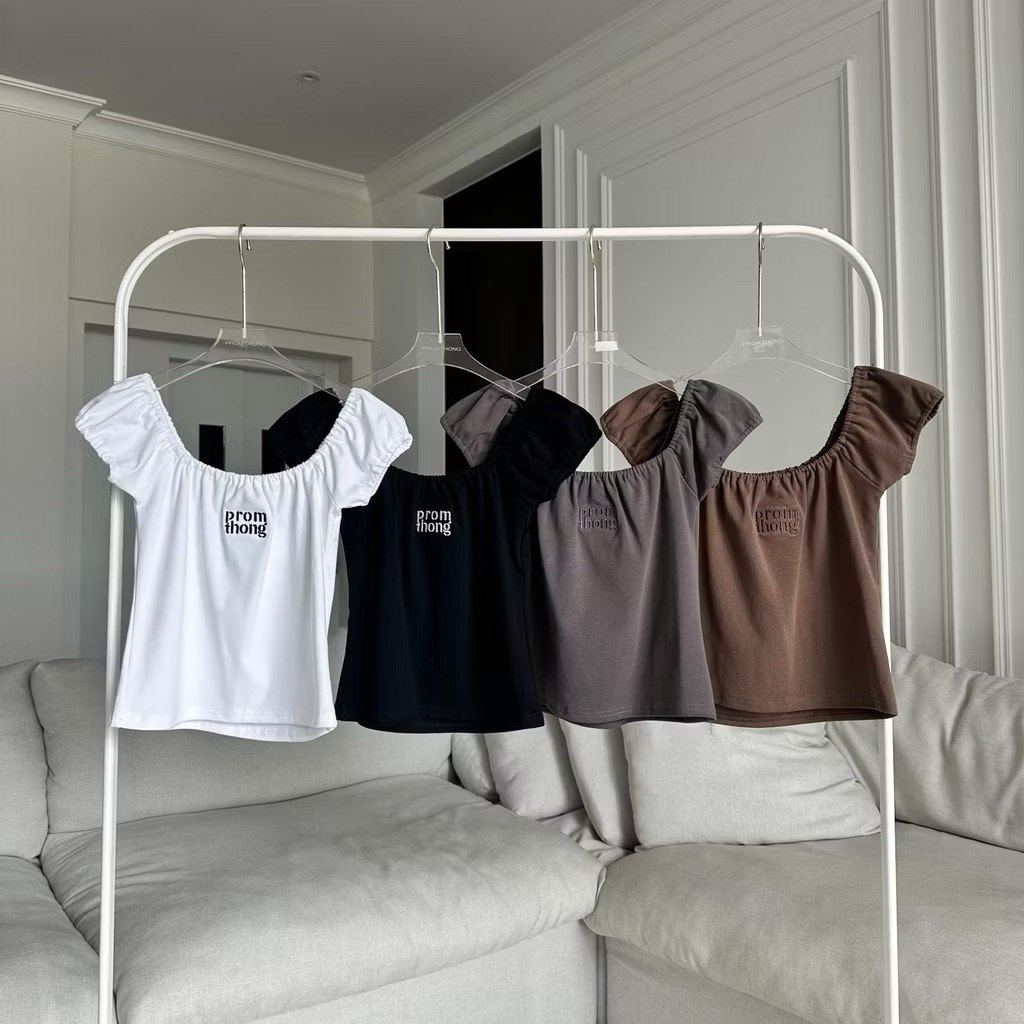 เสื้อปาดไหล่ Promthong  สีแอปริคอท Puffed Sleeve shirt PROMTHONG