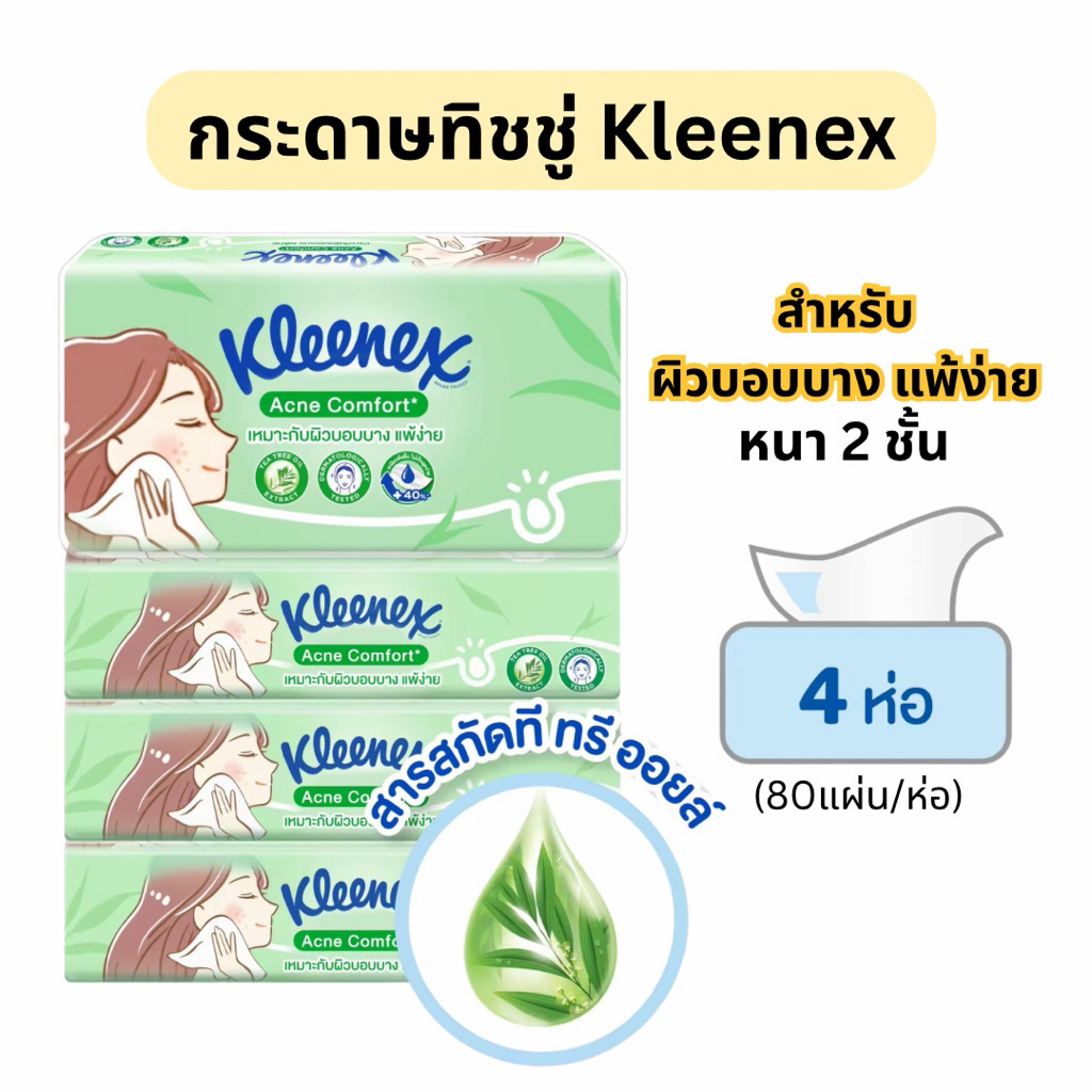 (4  ห่อ)คลีเน็กซ์ กระดาษเช็ดหน้าแอคเน่ คอมฟอร์ท ซอฟท์ เคส 80 แผ่น/ห่อ Kleenex Facial Tissue Acne Comfort