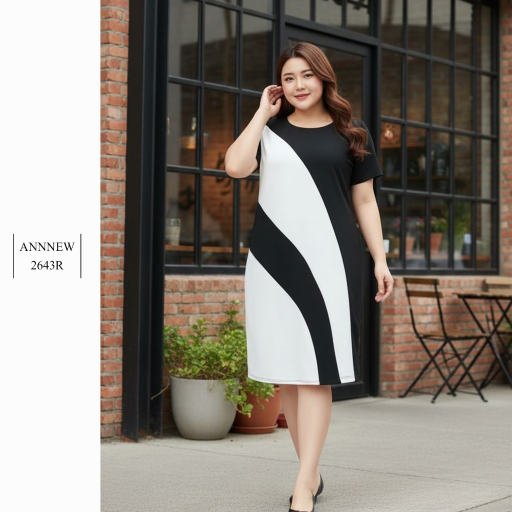 ✨ANNNEW✨ XL- 5XL เดรสทูโทนลายโค้งผ้ายืดมูลเวฟ 2643R