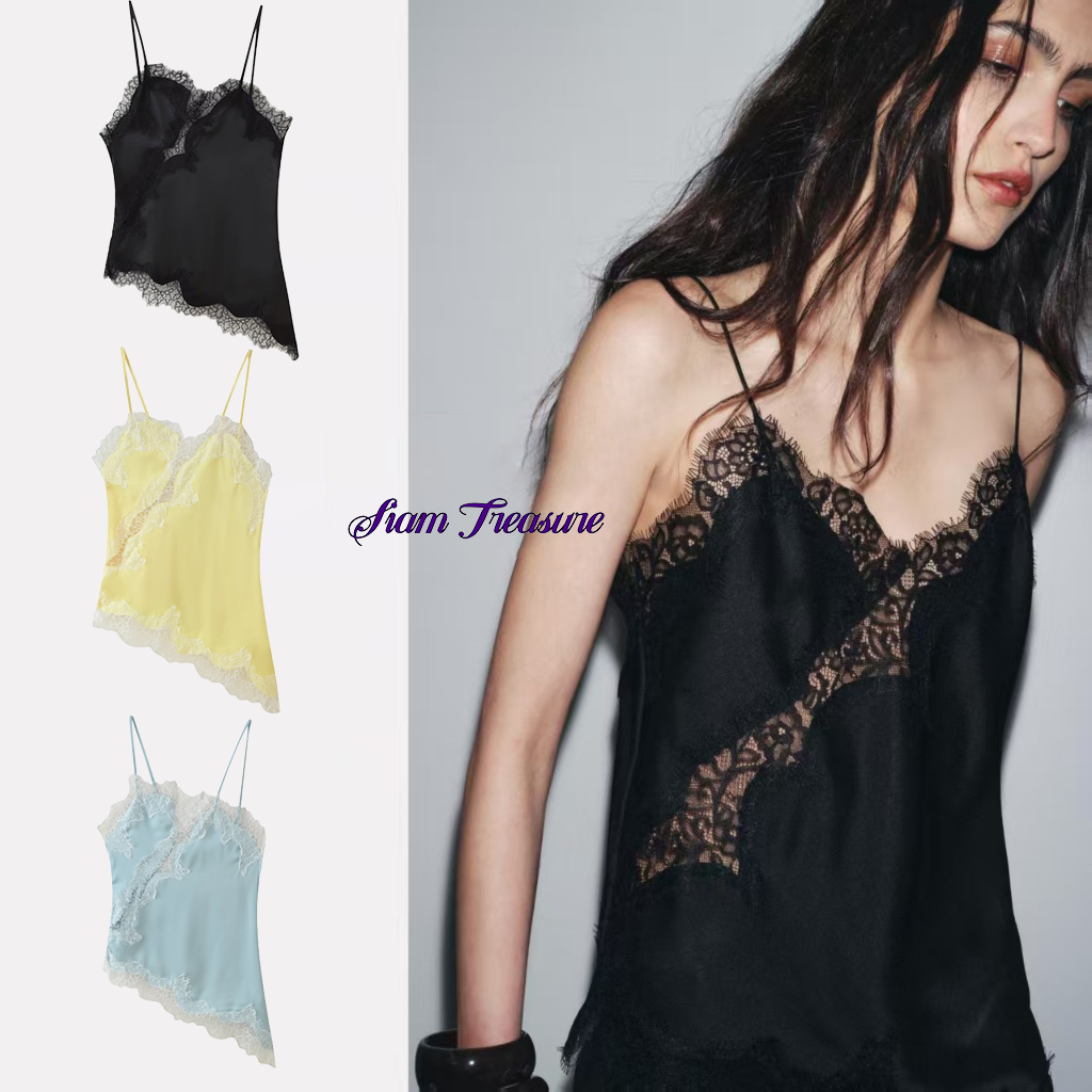 👗สินค้าจุด👗 เสื้อสายเดี่ยว ชุดชั้นในผู้หญิง สไตล์ยุโรป-อเมริกัน，เสื้อกล้ามทรงไม่สมมาตรประดับลูกไม้สีดำเปิดหลังเซ็กซี่