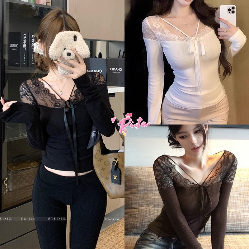 Rita พร้อมส่ง🍒เสื้อแขนยาวคอวีผู้หญิง แต่งขอบลูกไม้สุดเซ็กซี่ ดีไซน์ผูกโบว์ สีพื้น เรียบหรู ผ้า้าดีแฟชั่นผู้หญิง