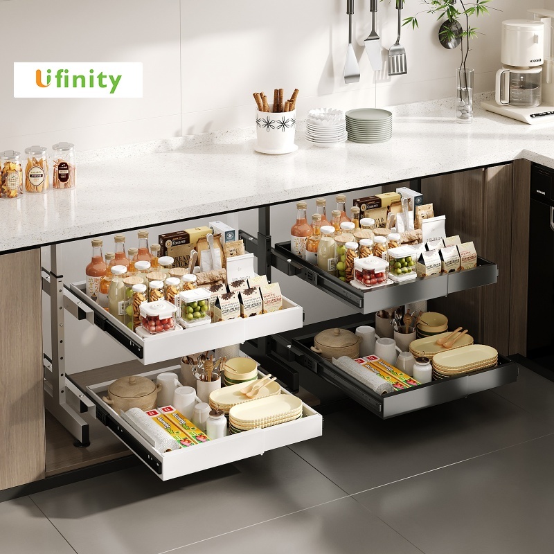 Lifinity ชั้นข้างตู้ครัว2ระดับ! ตะกร้าดึงออก+ลิ้นชัก เหล็กคาร์บอนแรง40kg