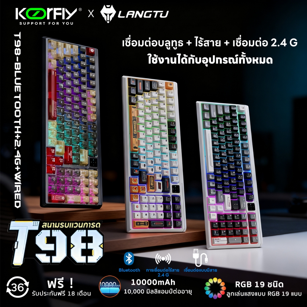 LANGTU คีย์บอร์ดไร้สาย คีย์บอร์ดบลูทูธไร้สาย แป้นพิมพ์ภาษาไทย แป้นพิมพ์เล่นเกมKeyboard RGB LED สําหร
