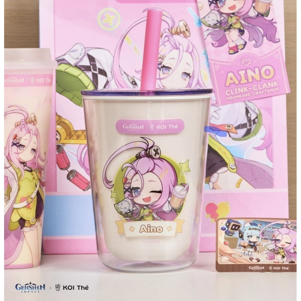 Genshin x Koi thè Thailand โคอิเตะ Set C แก้ว Big Bubble ลายAino+การ์ด โค้ด แก้วชาพลาสติกสกรีน ถุงกร