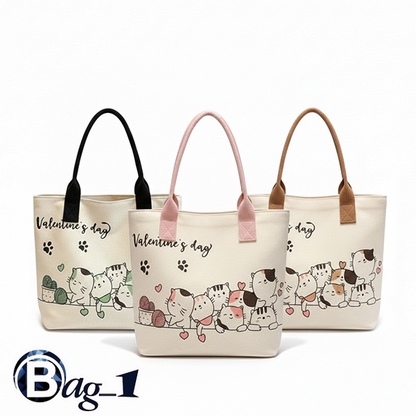 bag_1(BAG2531) กระเป๋าผ้าลายน้องแมวหลายตัว ใส่ไอแพดได้