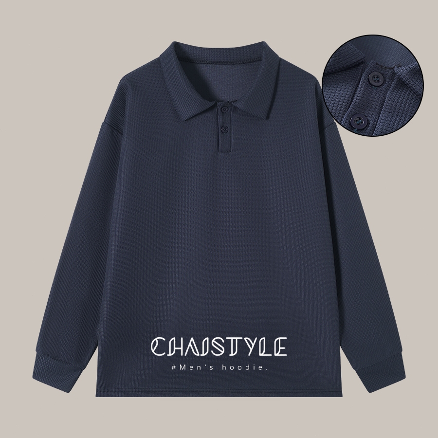 Chaistyle สีทึบ Lapel เสื้อโปโล เสื้อผู้ชาย ความรู้สึกขั้นสูง วาฟเฟิล ปุ่มแขนยาว สไตล์อเมริกัน