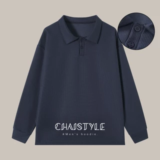 Chaistyle สีทึบ Lapel เสื้อโปโล เสื้อผู้ชาย ความรู้สึกขั้นสูง วาฟเฟิล ปุ่มแขนยาว สไตล์อเมริกัน