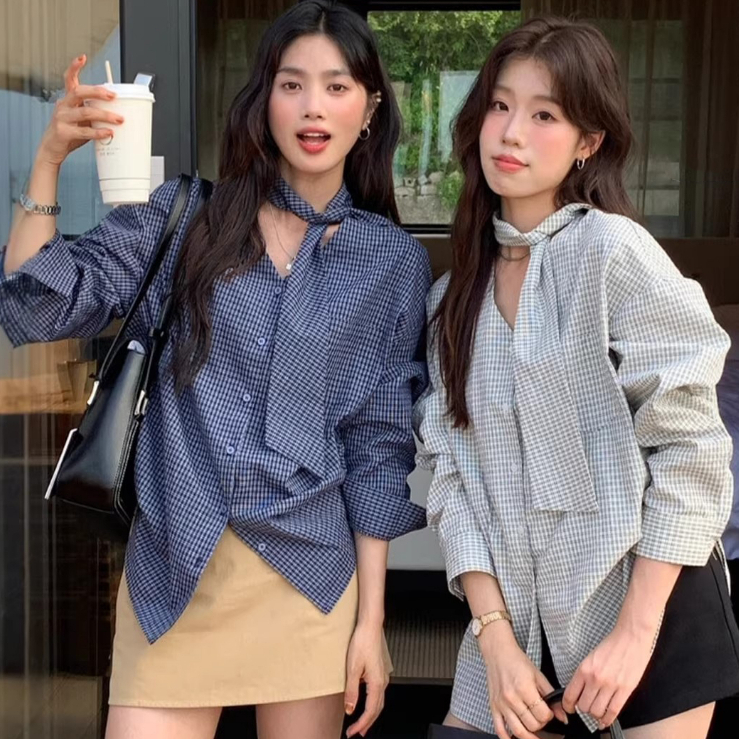 99302 เสื้อเชิ้ตแขนยาวลายสก็อตสไตล์ฝรั่งเศสสำหรับผู้หญิง มีสายผูก คอวี เหมาะสำหรับใส่ในช่วงต้นฤดูใบไม้ร่วง