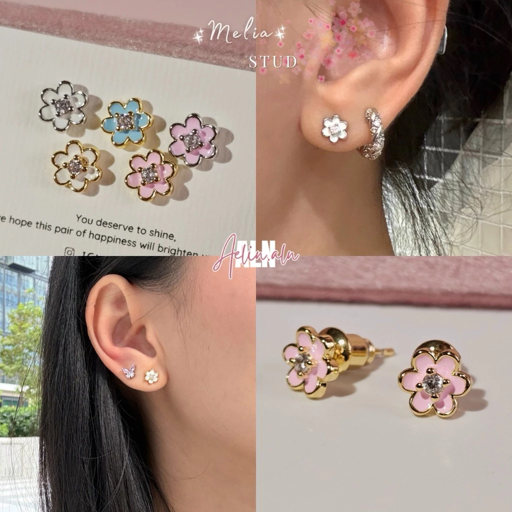 Melia stud earrings - Aelin.ALN ต่างหูดอกไม้ชุบสี มี 5 แบบ สาวแพ้ง่ายใส่ได้ค่ะ rhodium plated #SE12-01