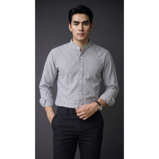 เสื้อเชิ้ต คอจีน ลายริ้ว เสื้อเชิ้ตผู้ชาย