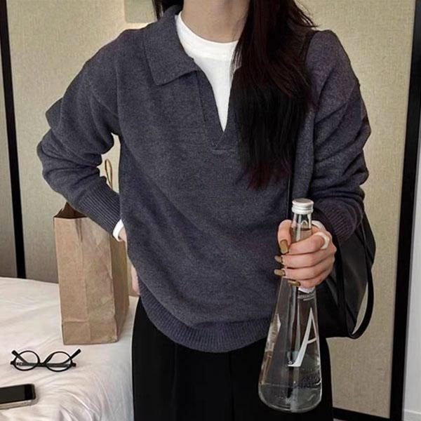 CHILI#เสื้อไหมพรมสตรีสไตล์เกาหลี คอปก รุ่นฤดูใบไม้ร่วง-ฤดูหนาว ดีไซน์โปโลลำลอง#88046 - รูปที่ 4