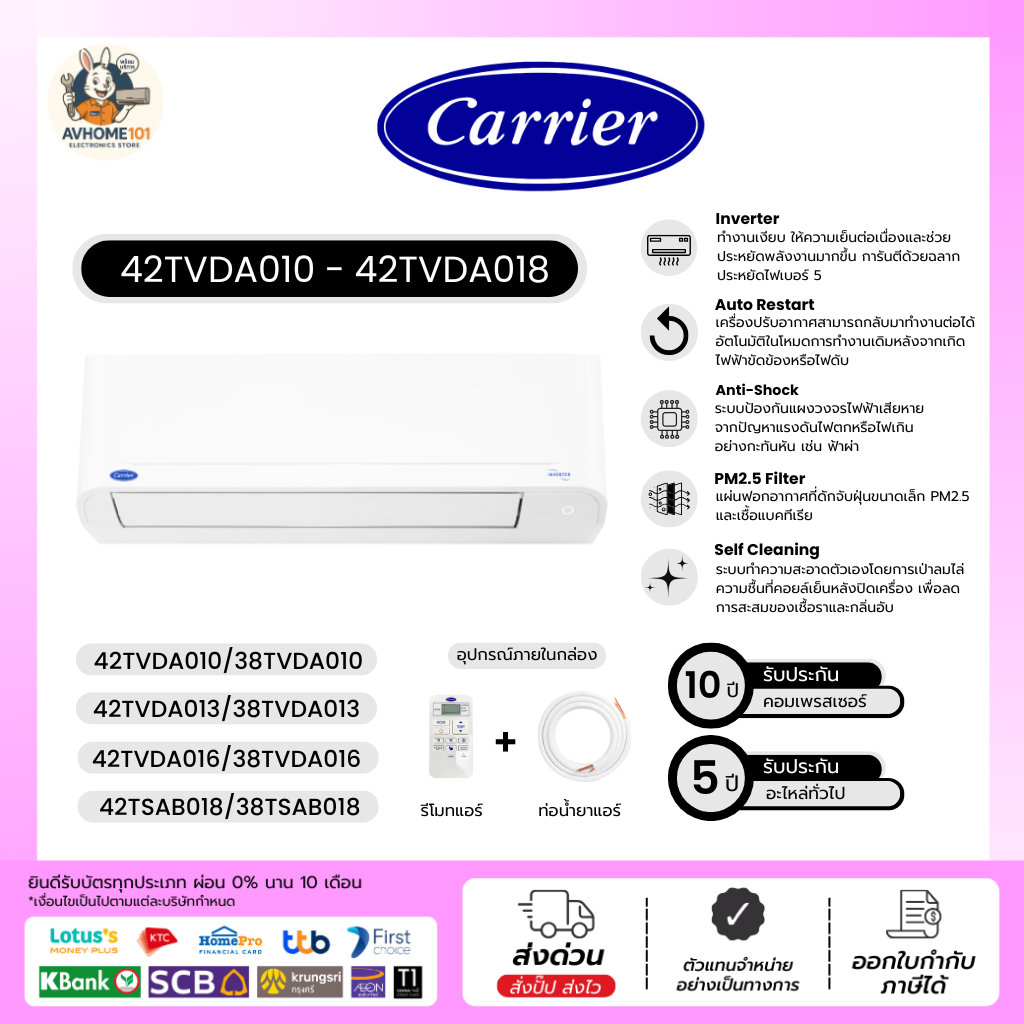 แอร์ Carrier ติดผนัง ระบบInverter รุ่น 42TVDA010A - 028A (Copper 10 Inverter)