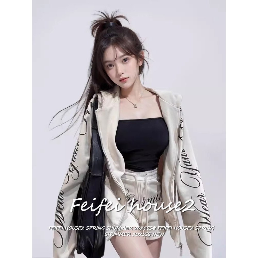[Women's Hooded Coat Shorts Set]ชุดเสื้อแจ็กเก็ตซิปหน้าและกางเกงขาสั้นเอวสูงสไตล์เรโทรสำหรับผู้หญิง