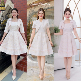 ชุดเดรส เดรสผ้าไทย ผ้าทอลายสีขาวชมพู อัดกาวทั้งชุด งานพรีเมี…