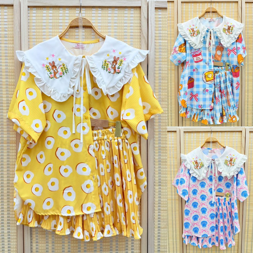 เติมสีแล้ว ‼️ รีบกด ชุดเซ็ทแฟชั่นน่ารัก เสื้อปกใหญ่ปักกระต่ายน่ารักคู่กับกางเกงอัดพีช ทรงสวย