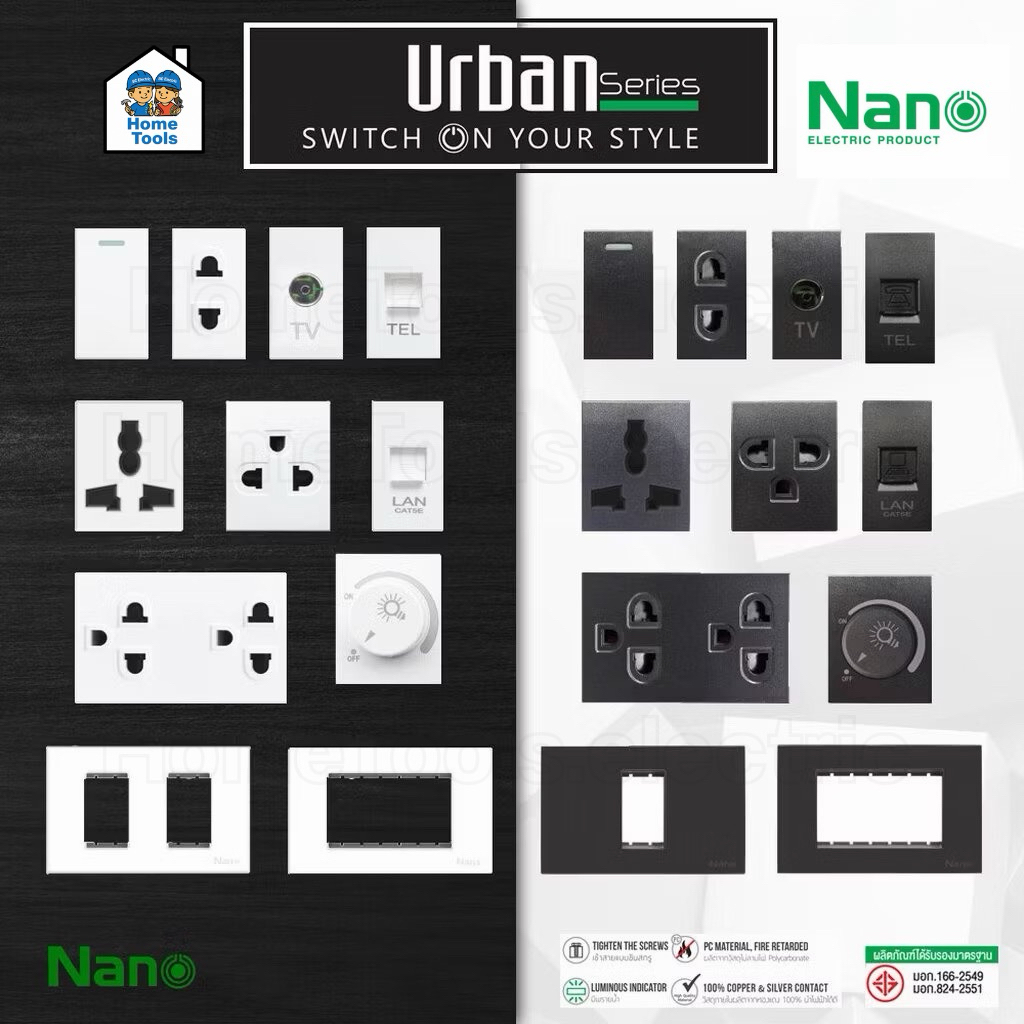 Urban NANO สวิตซ์ เต้ารับกราวคู่ กราวคู่แนวตั้ง หน้ากาก ฝาครอบ ปลั๊ก ทีวี ปลั๊กกราวน์ LAN – โปรปัง