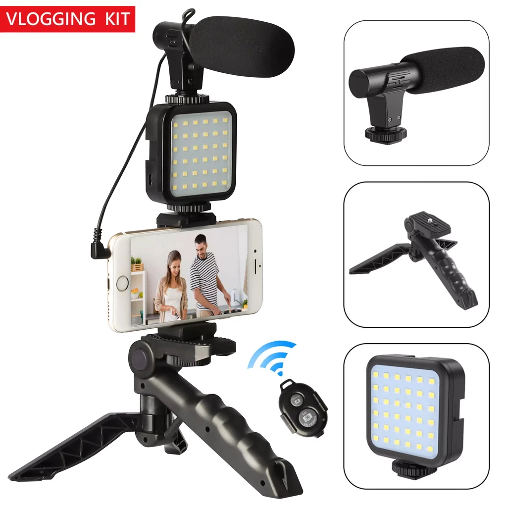 AY-49 Smartphone Vlogging Studio Kit เซ็ตขาตั้งไมค์ไฟ LED สำหรับถ่ายวิดีโอ