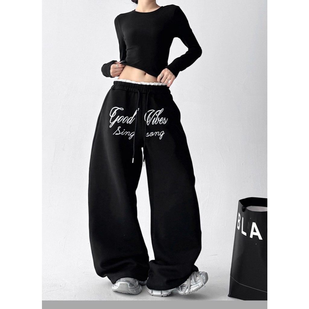 กางเกงขายาว กางเกงลำลอง สไตล์วินเทจ มีเชือกที่เอว กรีนอักษร#J1309 - รูปที่ 2