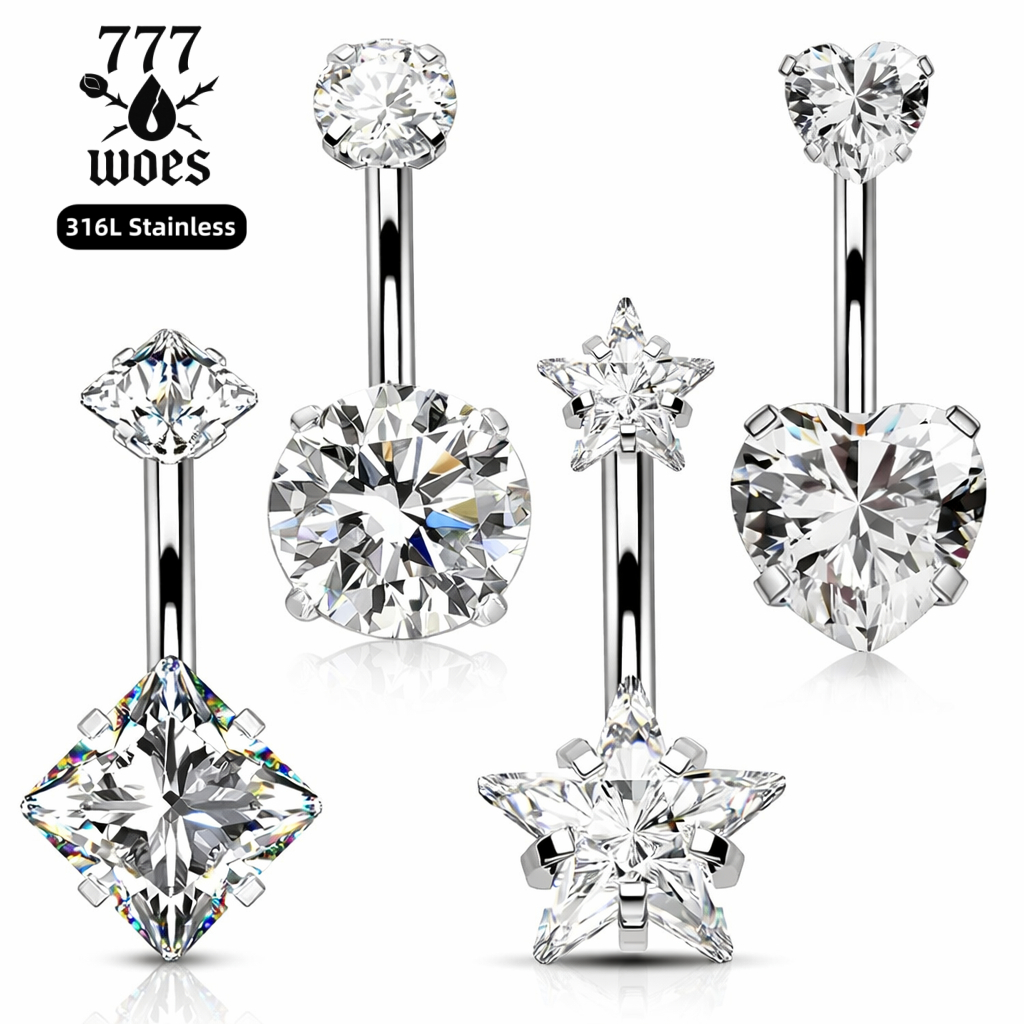 จิวสะดือสแตนเลส316LเพชรCZทรงดาวสี่เหลี่ยมกลมหัวใจวิบวับสไตล์แซ่บแวววาวระยิบระยับ