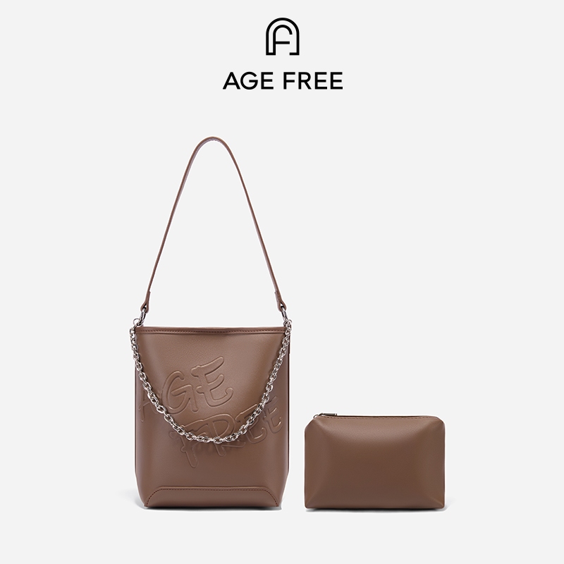 AGE FREE MINI  MELI BAG กระเป๋าสะพายไหล่ผู้หญิงทรงถังลายปั๊มด้านข้าง ขนาดเล็ก มีสายโซ่คู่
