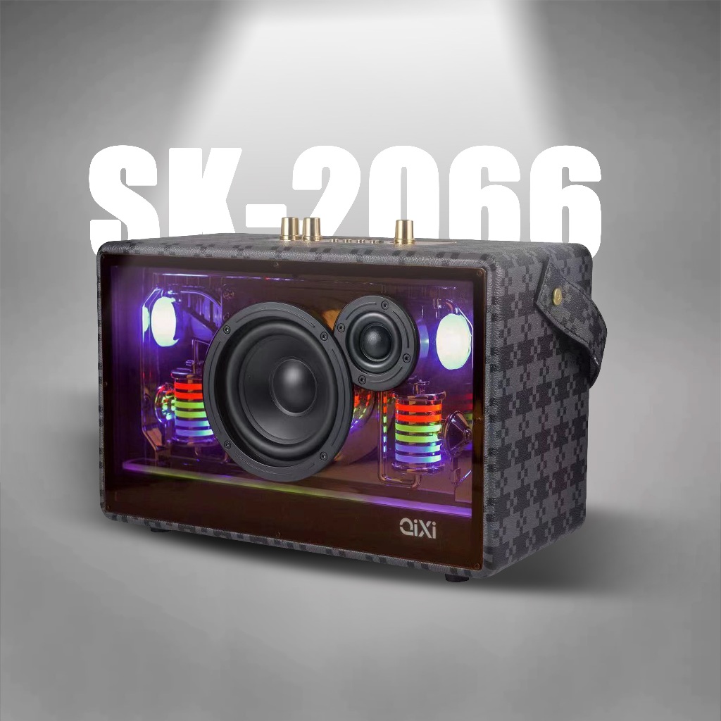 SK-2066ลำโพงบลูทูธไร้สายมีสายสะพาย แถมไมค์ลอย2อัน ตู้โปร่งใส 38W เสียงเบสที่ดี Bluetooth speaker